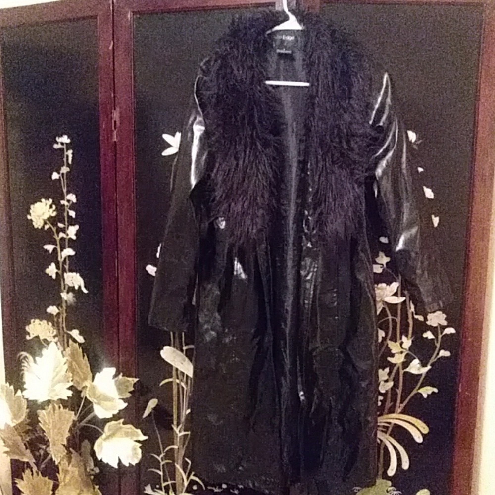Vintage Black Fur Leather Coat with Hat